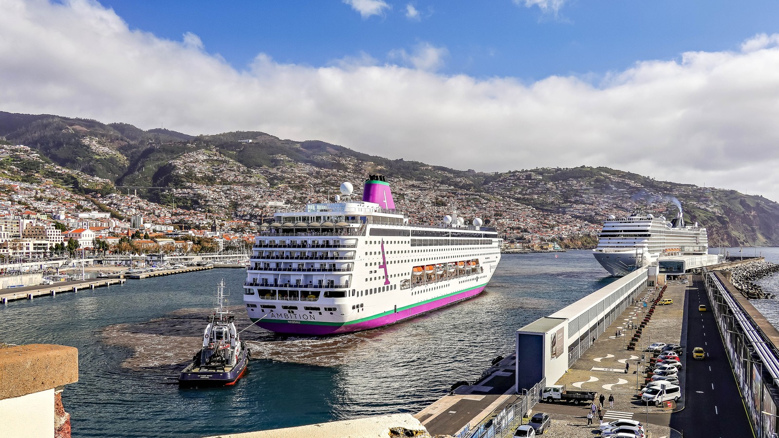Two cruise ships at the Port of Funchal, Madeira, with the city rising on the hillside behind, photographed February 2026