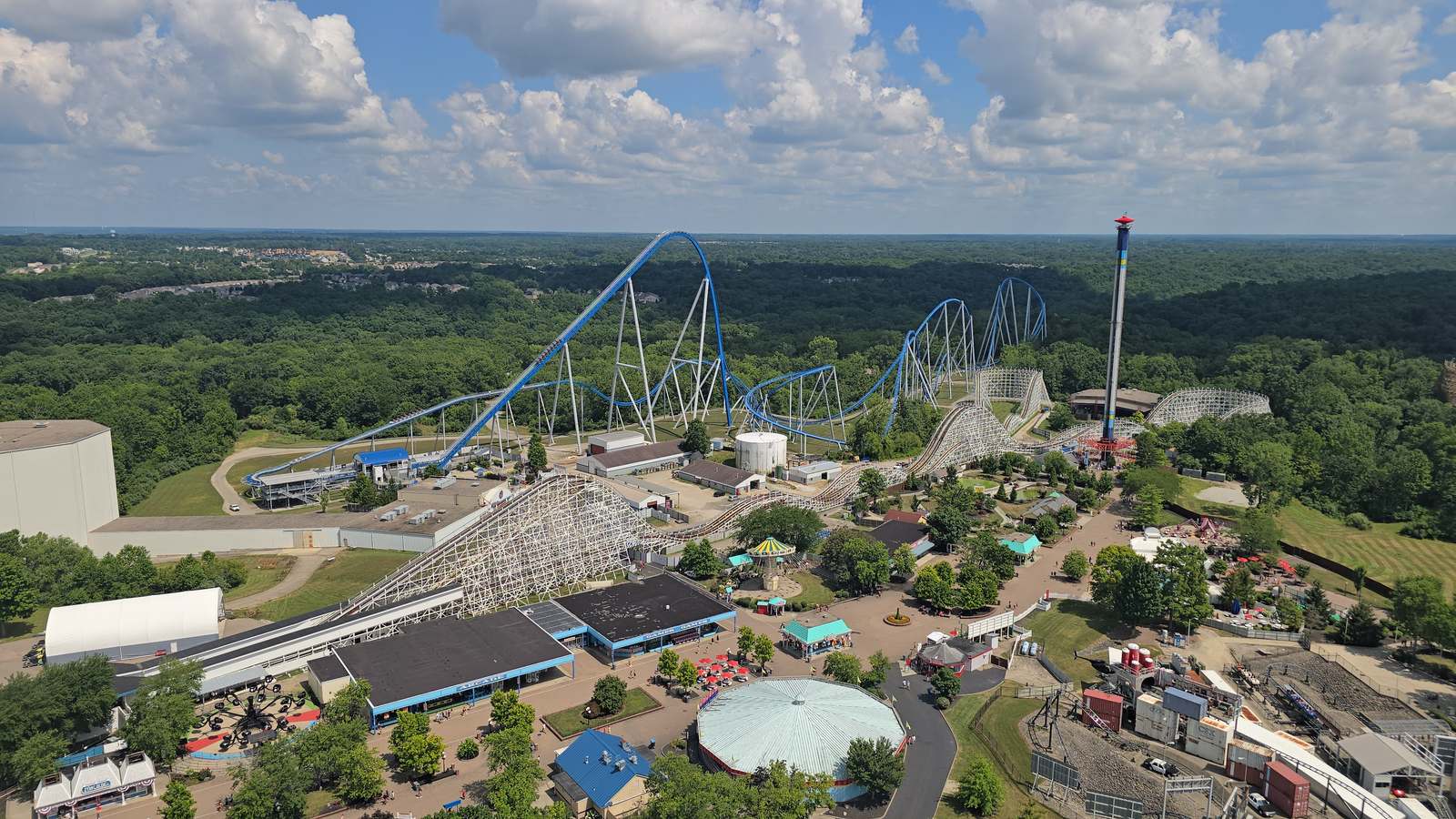 Aerial view of Kings Island in Mason, Ohio, with Orion and The Beast coasters among the trees
