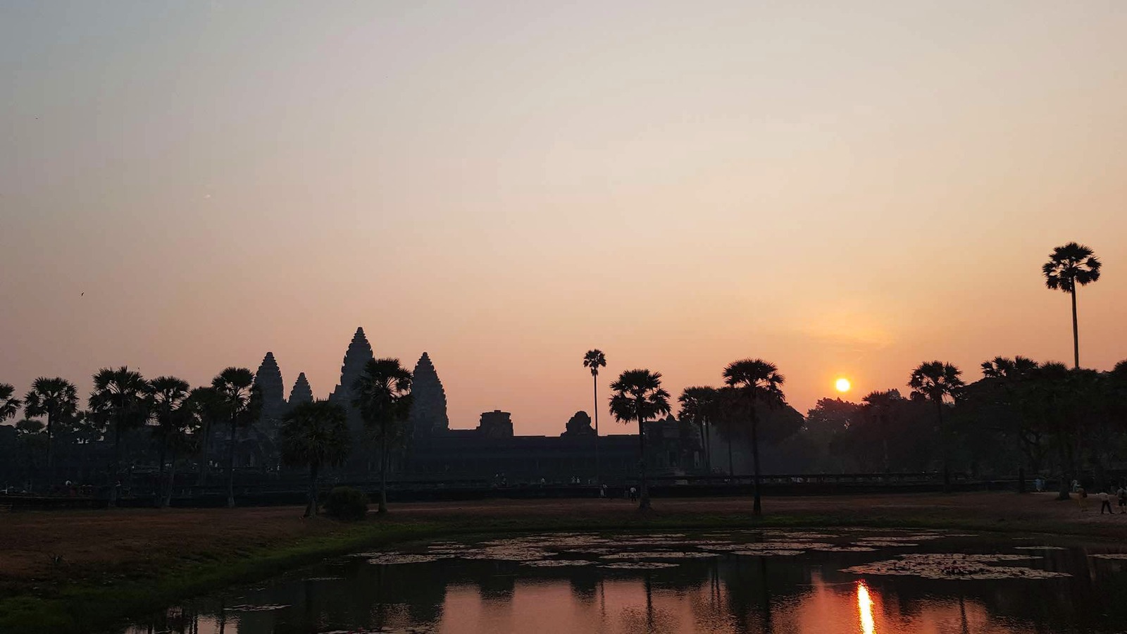 Angkor Wat silhouetted at sunrise across a lily pond in Cambodia