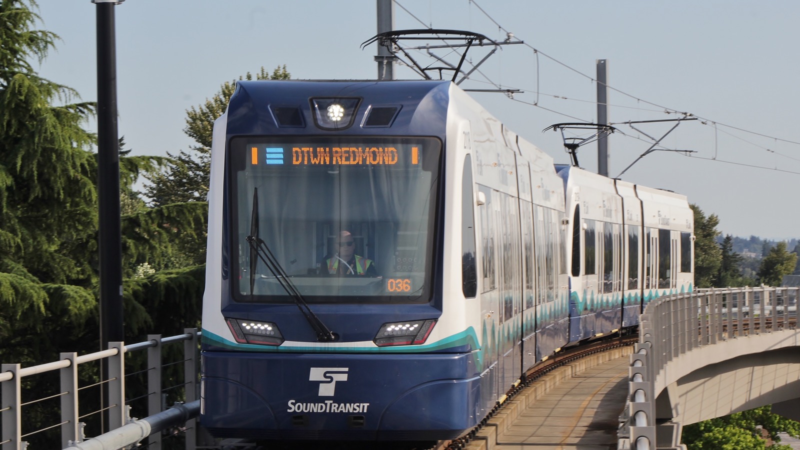 Sound Transit Series 2 light rail train on the 2 Line arriving at Wilburton Station, destination Downtown Redmond