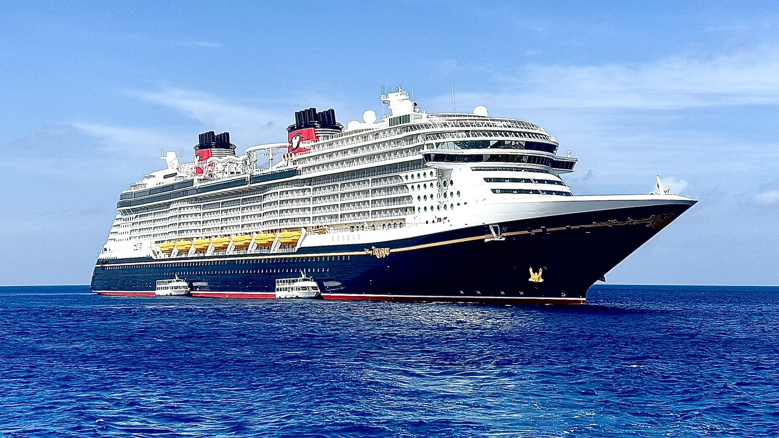 Disney Treasure cruise ship at sea off Grand Cayman, photographed in February 2025