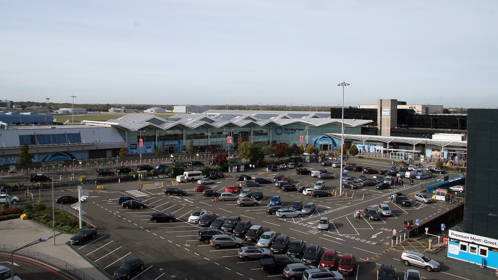 Birmingham Airport terminal building seen from above the forecourt car park