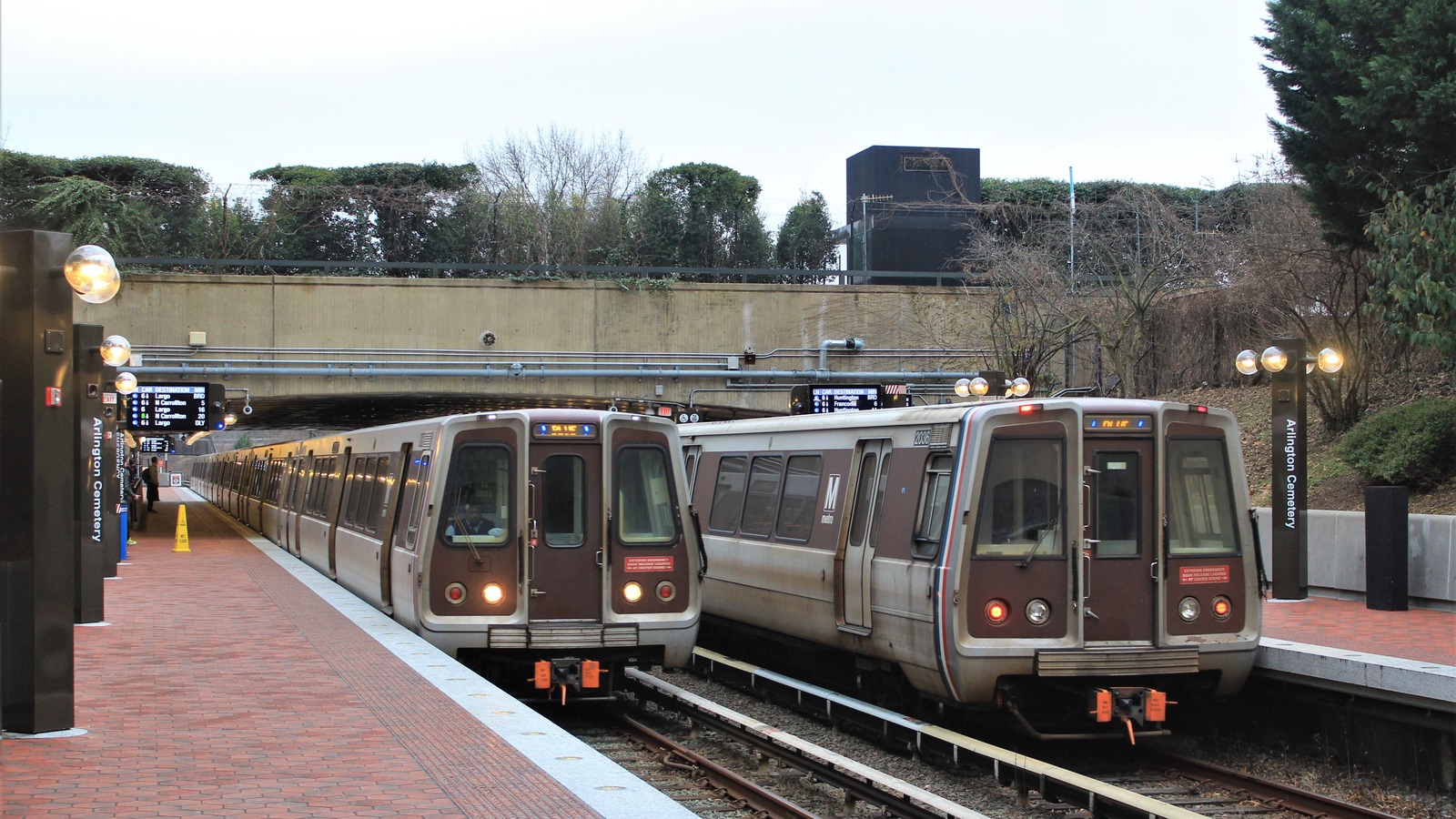 WMATA Blue Line trains at Arlington Cemetery photographed January12 2023, historical station context not the October2026 closure or a current fleet promise