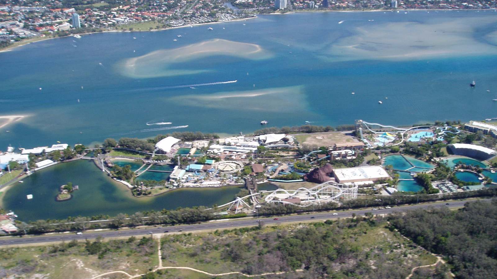 Aerial view of Sea World on the Gold Coast beside the Southport Broadwater