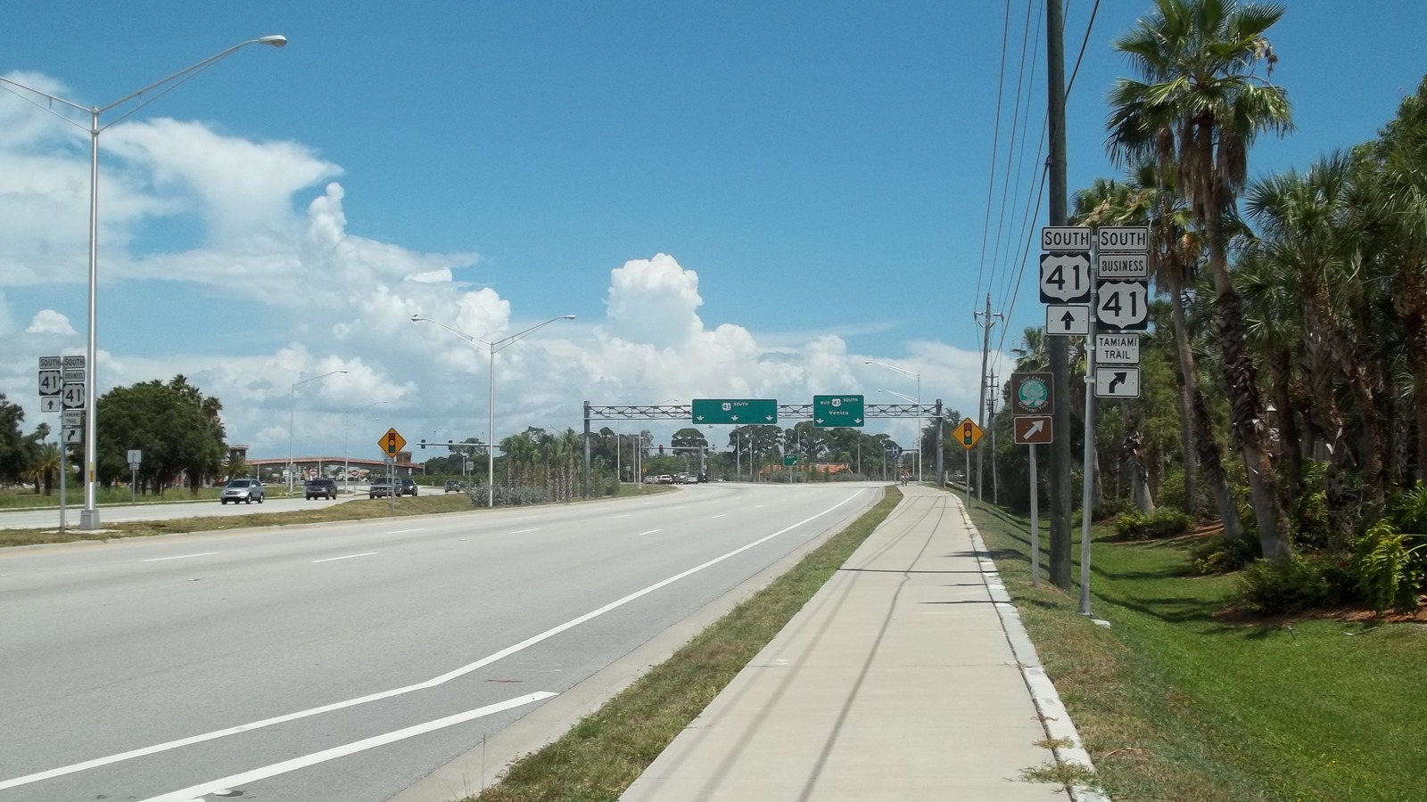 U.S. 41 looking south in Venice, Florida, with highway shields, a sidewalk, and palm trees beside the travel lanes