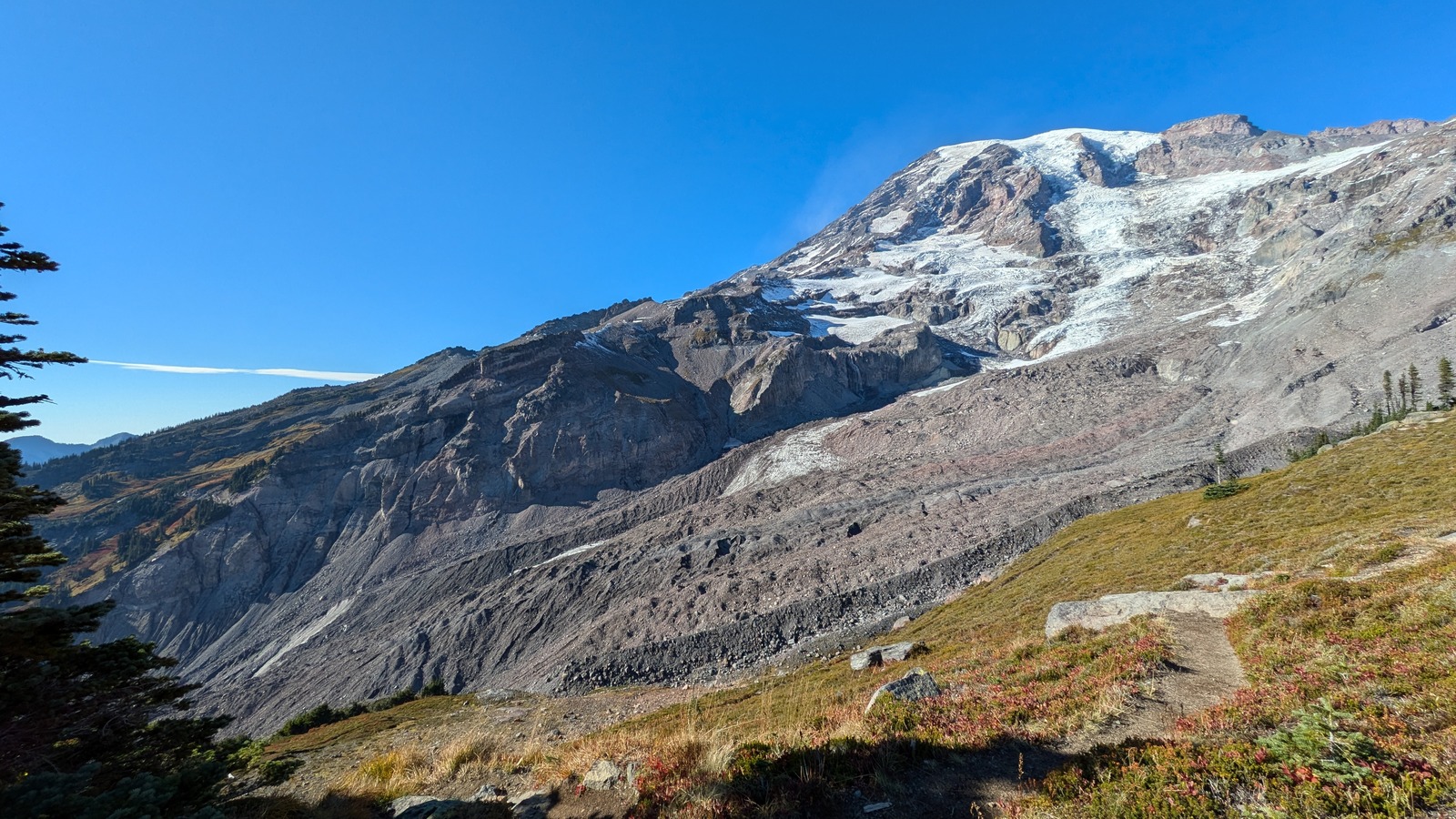 Historical Mount Rainier and Nisqually Glacier landscape from Skyline Trail above Paradise, October 6, 2024; not Nisqually entrance, SR706 or current closure