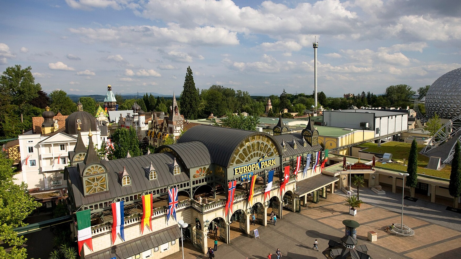 The main entrance building of Europa-Park in Rust, Germany, with flags of European countries