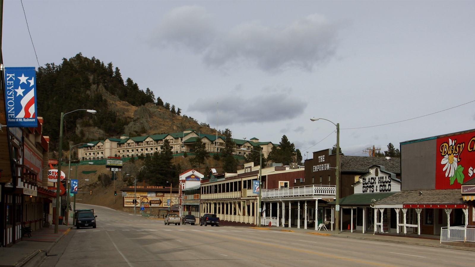 U.S. 16A through the Keystone, South Dakota business district with the Keystone Home of Mt. Rushmore banner