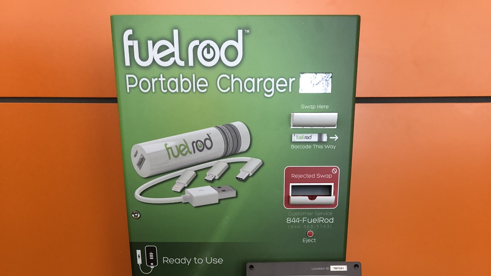 A FuelRod portable charger kiosk with swappable battery packs on display