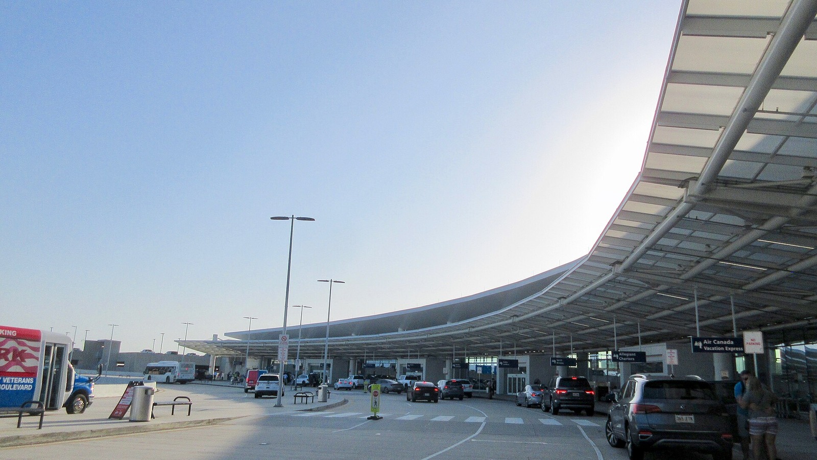 Departures curb and terminal canopy at Louis Armstrong New Orleans International Airport in a June 2025 file photo