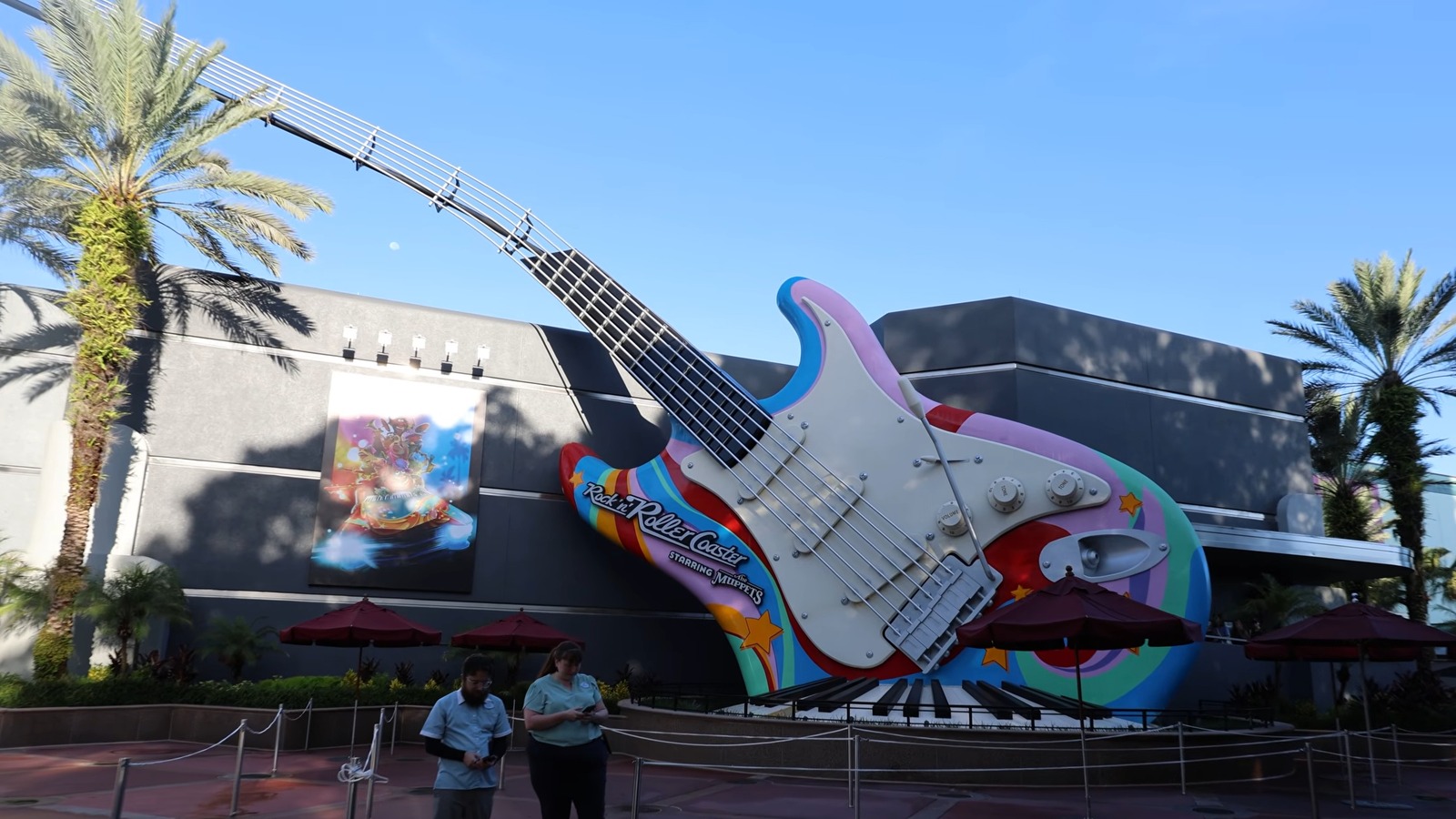 Giant guitar marquee reading Rock n Roller Coaster Starring The Muppets outside the Hollywood Studios attraction