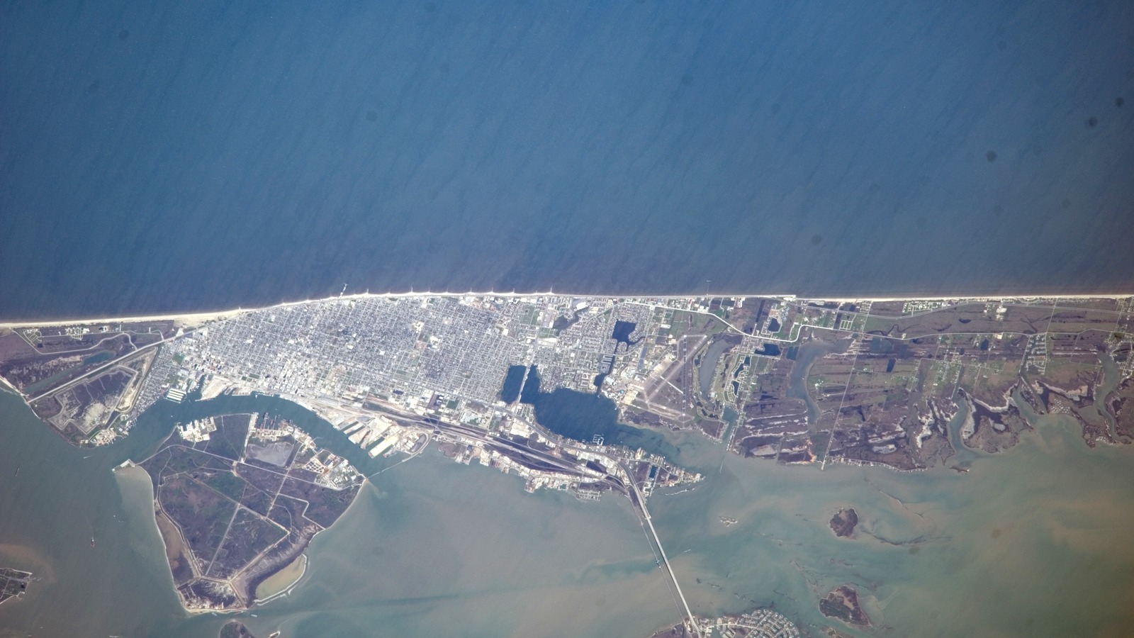 International Space Station aerial of Galveston Island and the Interstate 45 causeway approach from the mainland