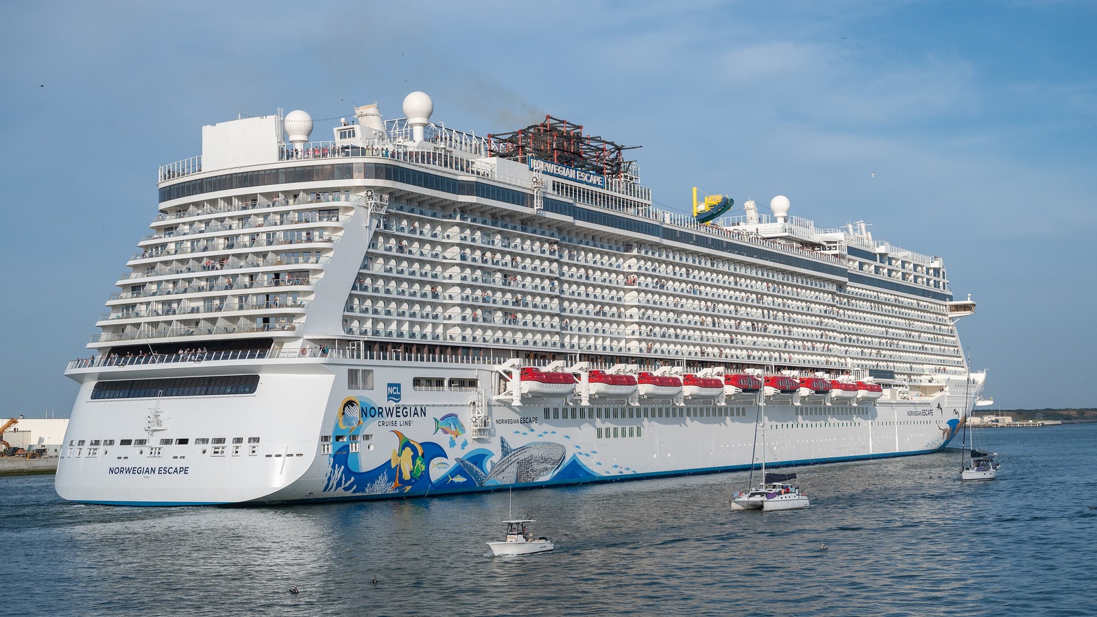 Norwegian Cruise Line ship Norwegian Escape with its hull art arriving at Port Canaveral, Florida