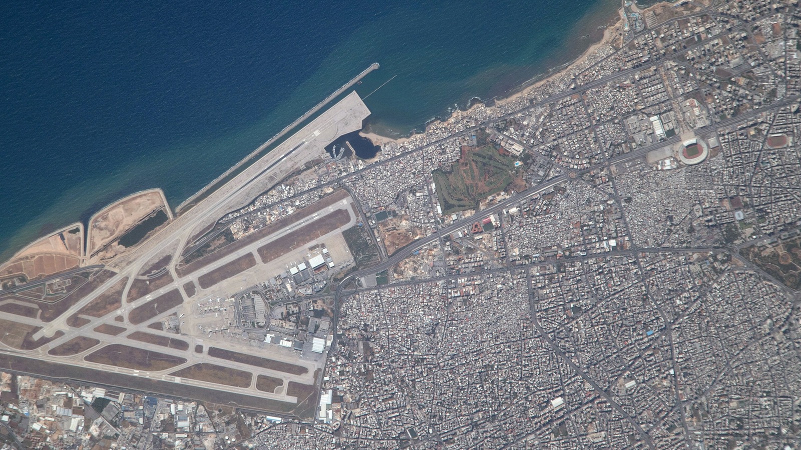 Satellite view from the International Space Station of Beirut Rafic Hariri International Airport and the Lebanese coast, photographed in May 2021