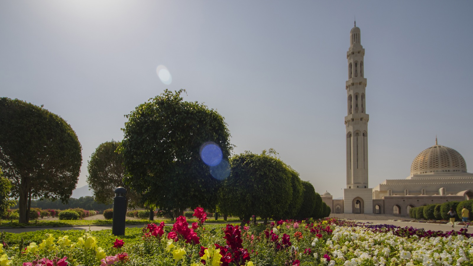 Daytime exterior of Sultan Qaboos Grand Mosque in Muscat, Oman