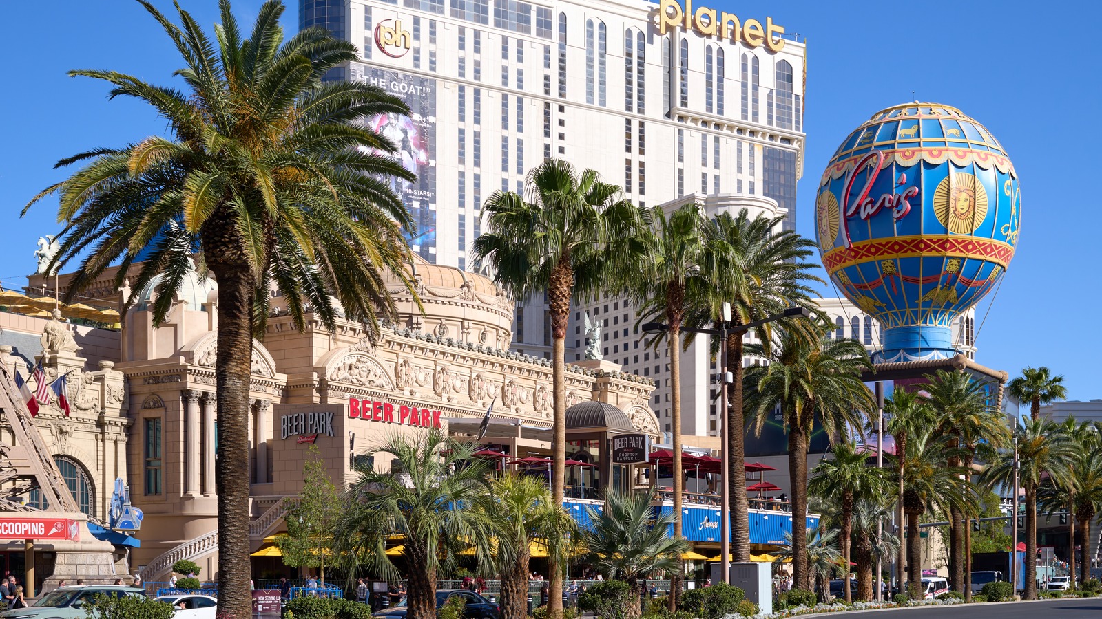 Las Vegas Boulevard South with the Paris Las Vegas balloon sign and surrounding Strip buildings in April 2026, not Sunday's flooding