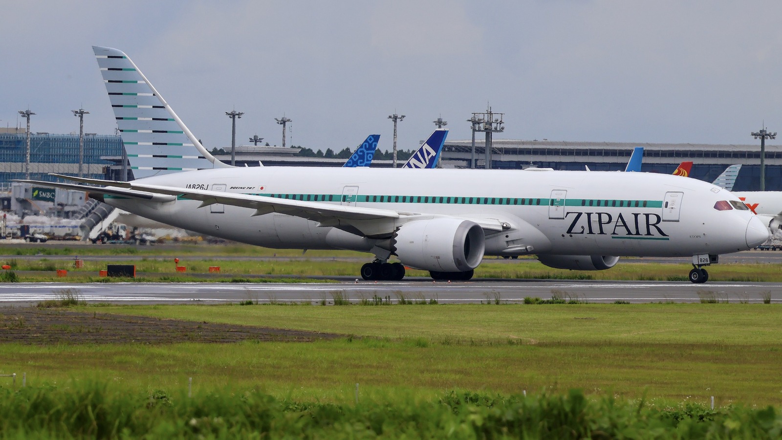 A white ZIPAIR Boeing 787 with a green cheatline taxiing past grass at Narita, with terminal buildings and other airline tails behind.