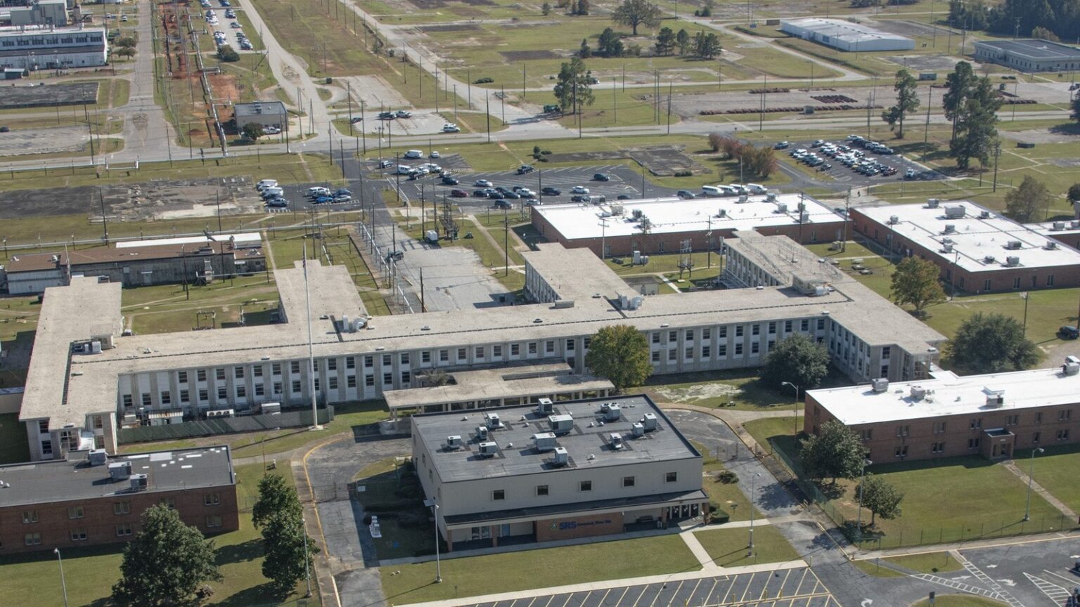 Historical aerial of Savannah River Site A-Area, camera-dated November 2, 2021; not the October 28 fire or a verified view of the affected building