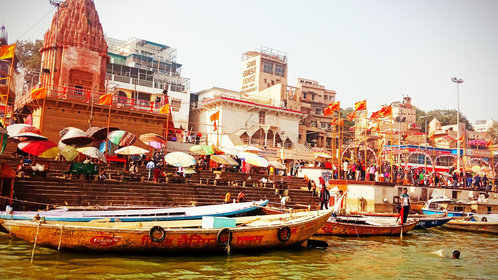Boats and temple steps at Dashashwamedh Ghat on the Ganges in Varanasi