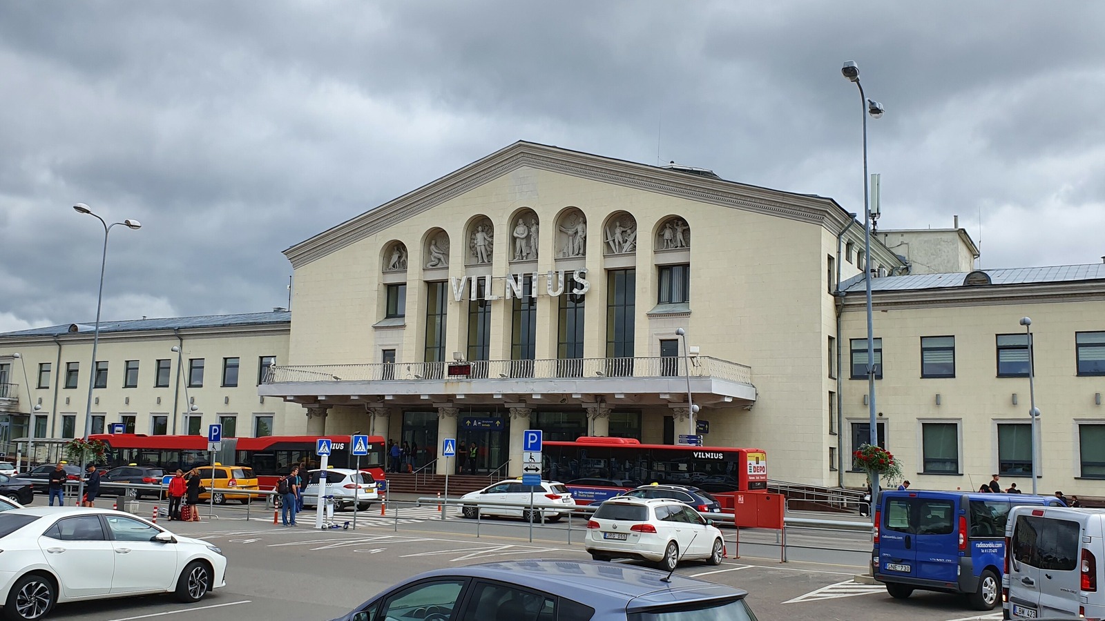 Main entrance of the Vilnius Airport passenger terminal in daylight