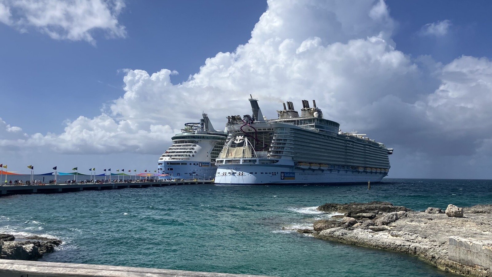 Royal Caribbean ships docked at the pier at Perfect Day CocoCay in the Bahamas
