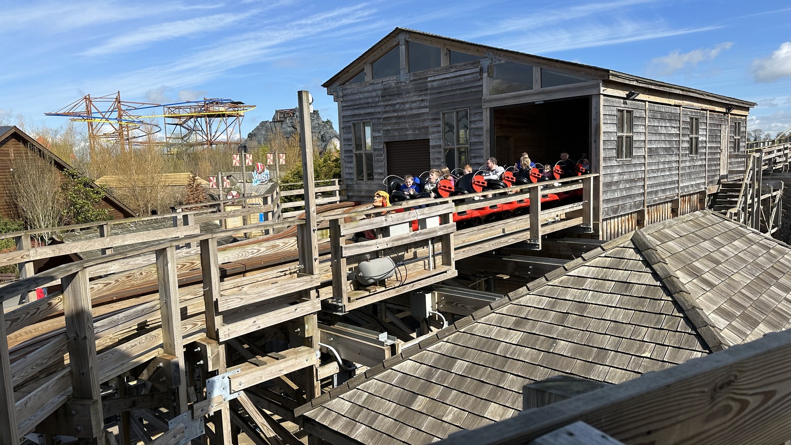Cú Chulainn Coaster leaving its station at Emerald Park in daylight in April 2023, not a photo of the After Dark event