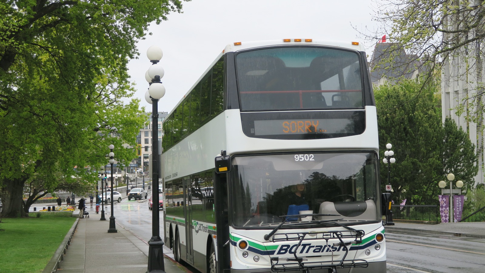 BC Transit double-decker bus 9502 in Victoria on April 29, 2025, before the overtime ban