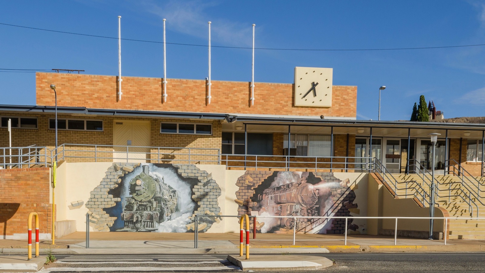 Exterior of Broken Hill railway station in New South Wales, the outback rail terminus on the Sydney to Broken Hill NSW TrainLink route