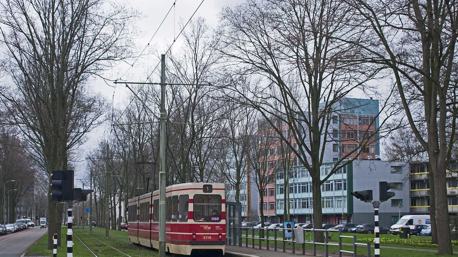 A red and cream HTM tram on line 1 stopped beside leafless trees and apartment blocks in Delft