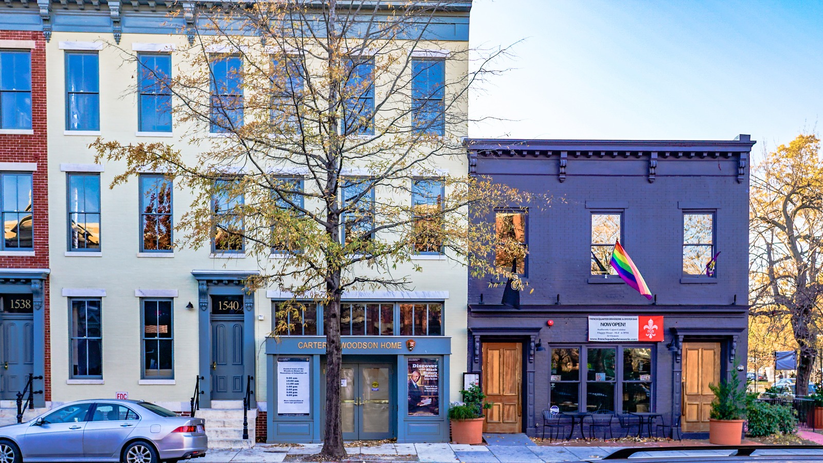 Street view of the Carter G Woodson Home National Historic Site row houses in Washington DC