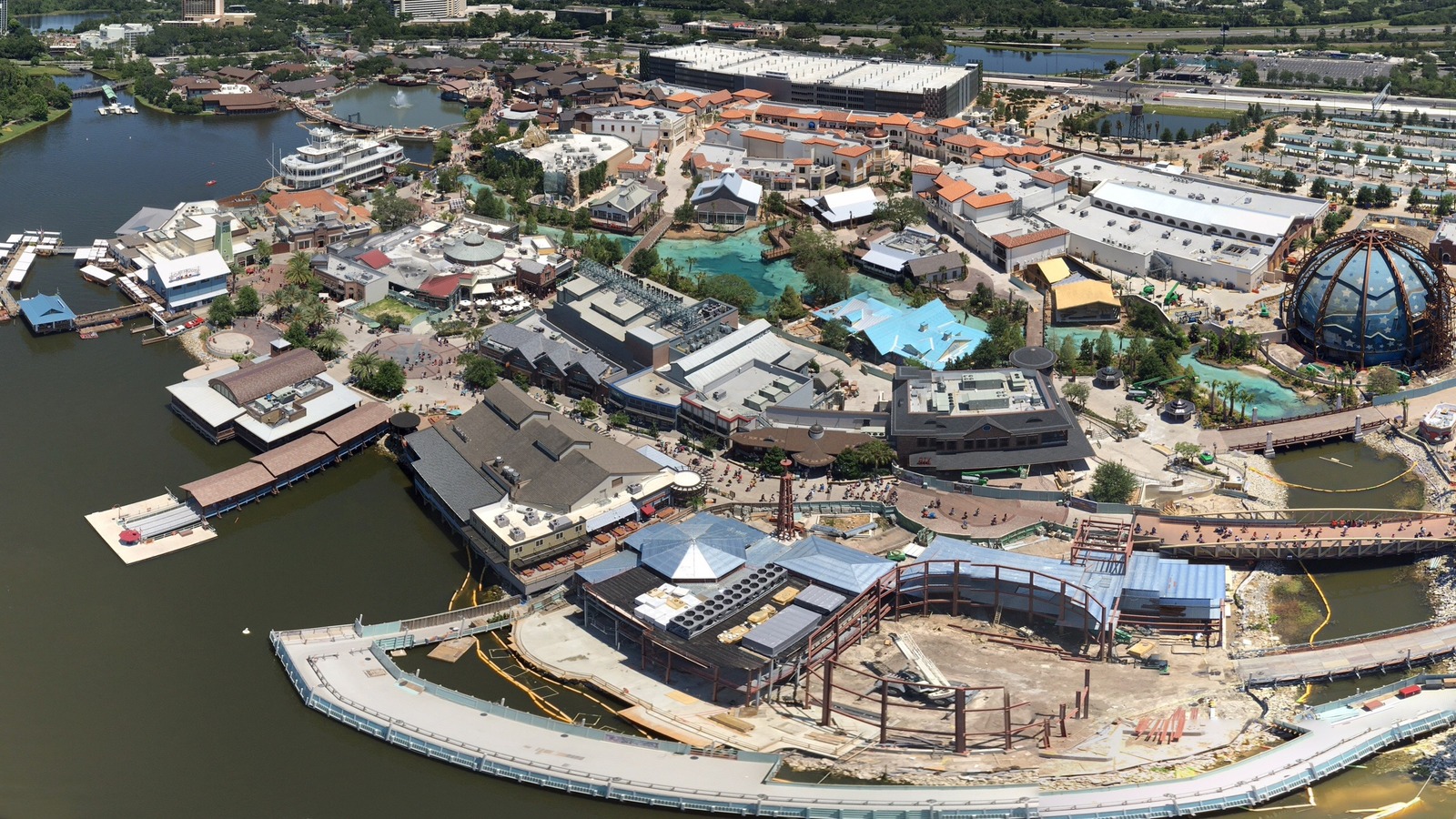 Aerial view of Disney Springs in Orlando, showing the shopping and dining district along the water