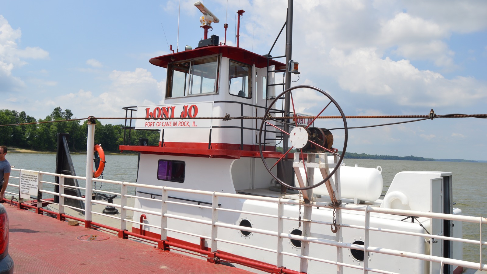 Loni Jo, the Cave-in-Rock Ferry boat marked Port of Cave in Rock, Illinois, on the Ohio River.