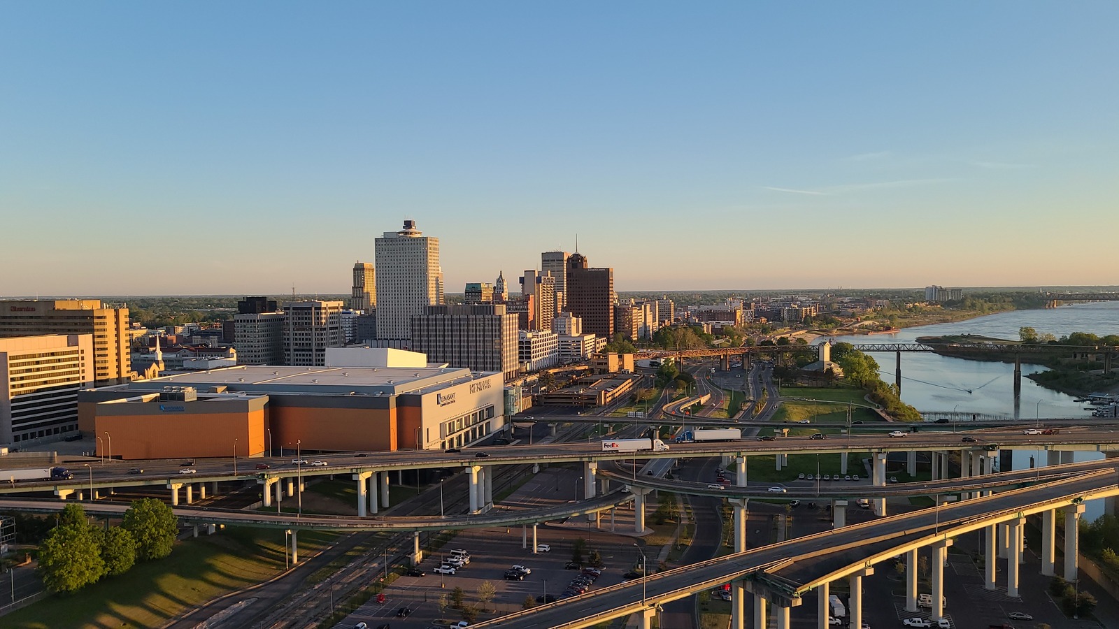 Memphis downtown skyline from the Bass Pro Shop, photographed April 14, 2023; historical city context, not I-55 Exit 7 or the October 2026 work