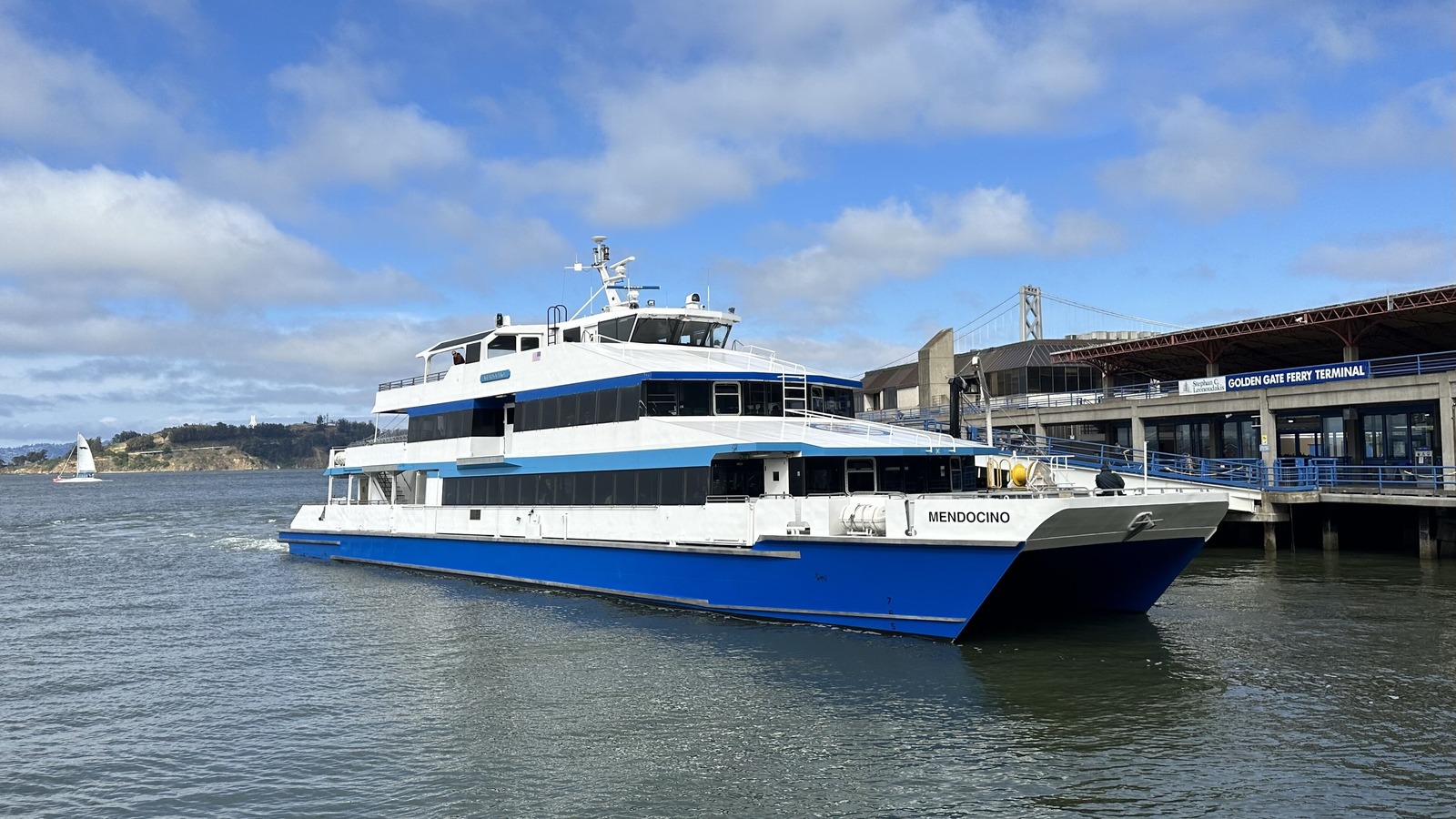 The Golden Gate Ferry vessel Mendocino arriving at the Golden Gate Ferry Terminal in San Francisco