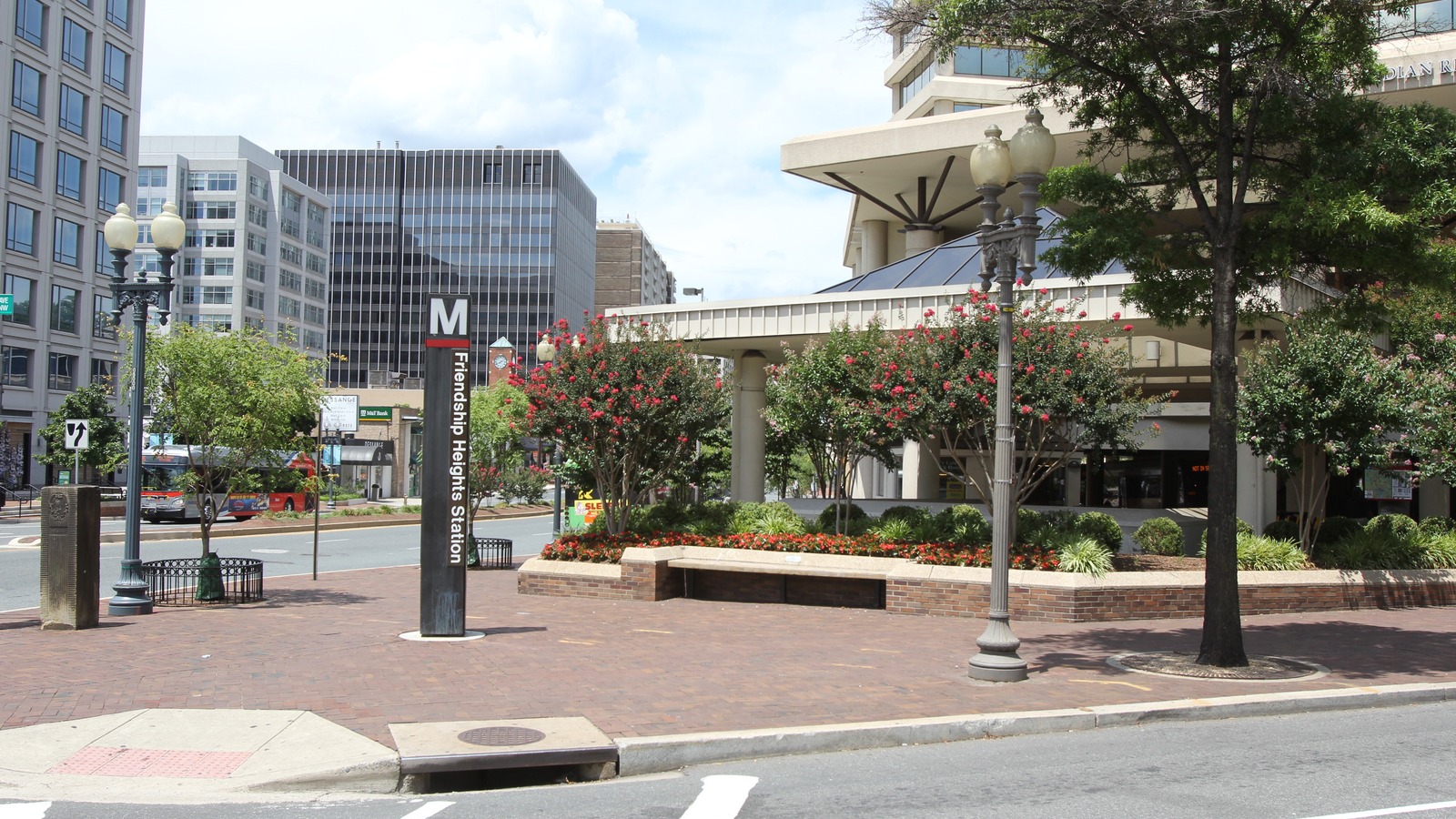 Friendship Heights Metro station entrance pylon and plaza in Washington, DC