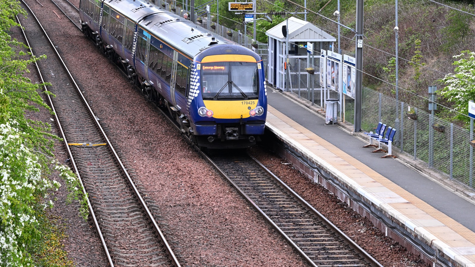 ScotRail Class 170 train at Brunstane station in Edinburgh, photographed May 3, 2025