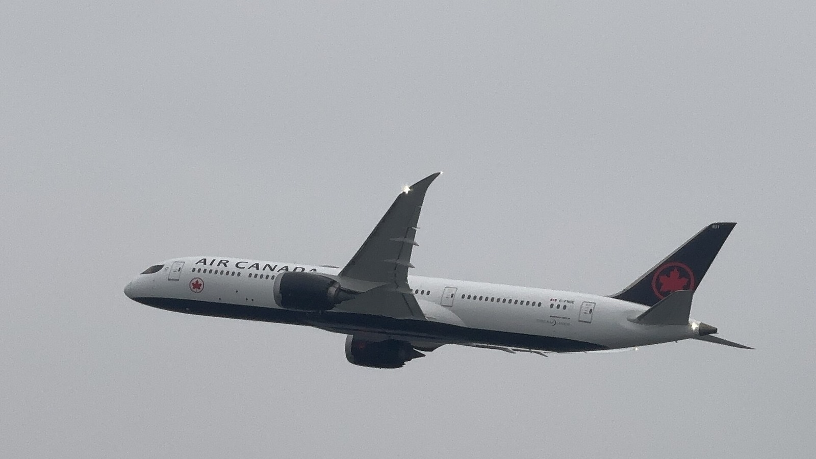 An Air Canada Boeing 787 Dreamliner climbs after takeoff against a gray sky