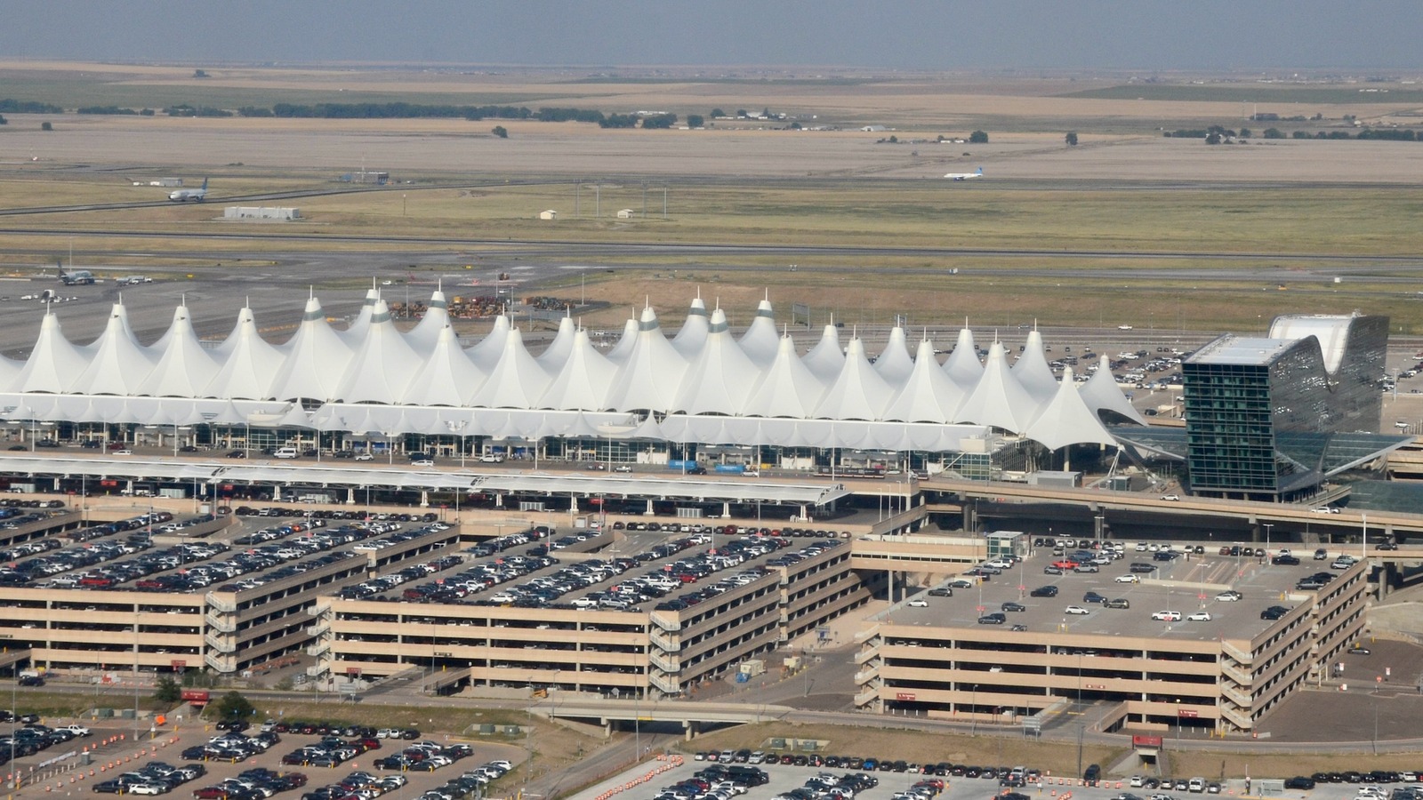 Aerial view of Denver International Airport's Jeppesen Terminal on September 3, 2025