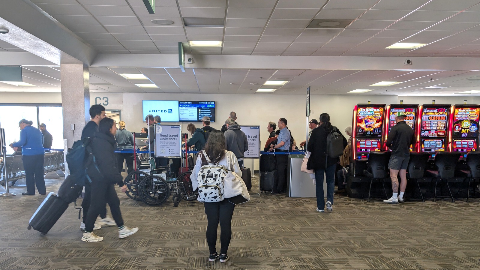 Interior of Reno-Tahoe International Airport's C concourse near Gate C3 in April 2026, before the outdoor boarding change