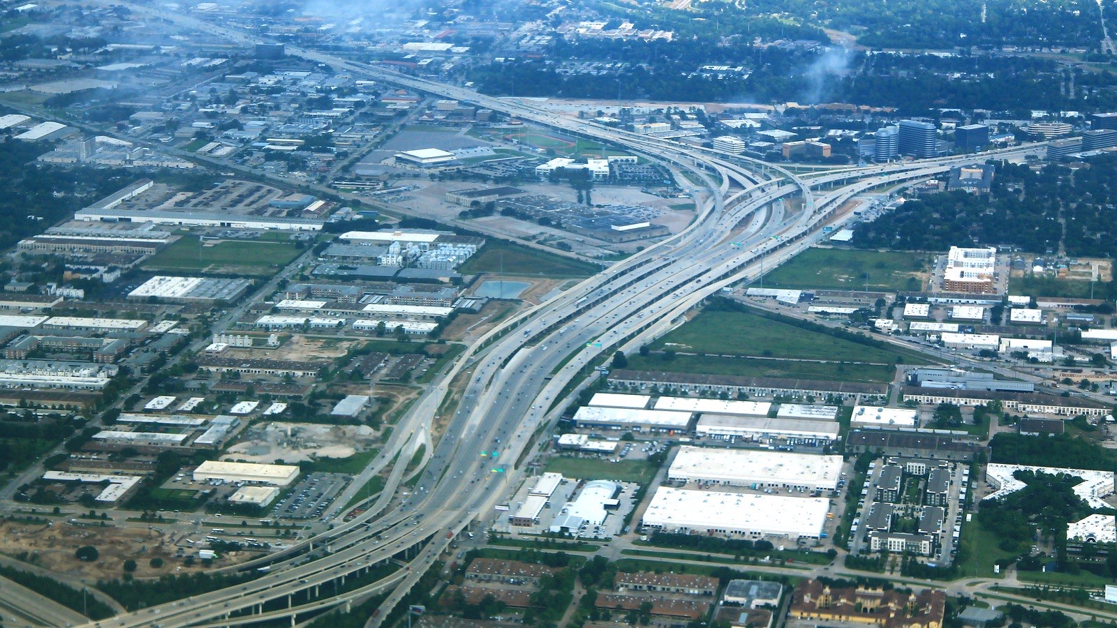 Aerial view of Interstate 610 in Houston between I-10 and US 290, a named corridor with weekend ramp and lane closures