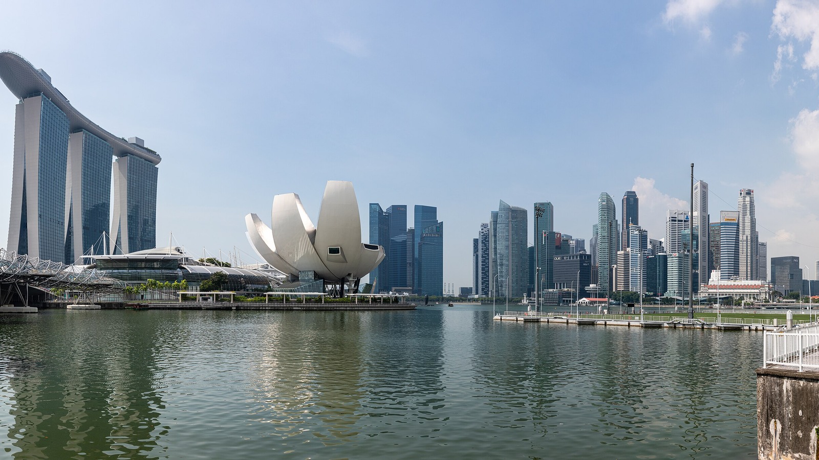 Marina Bay Sands, the ArtScience Museum and the central business district skyline across Marina Bay in Singapore