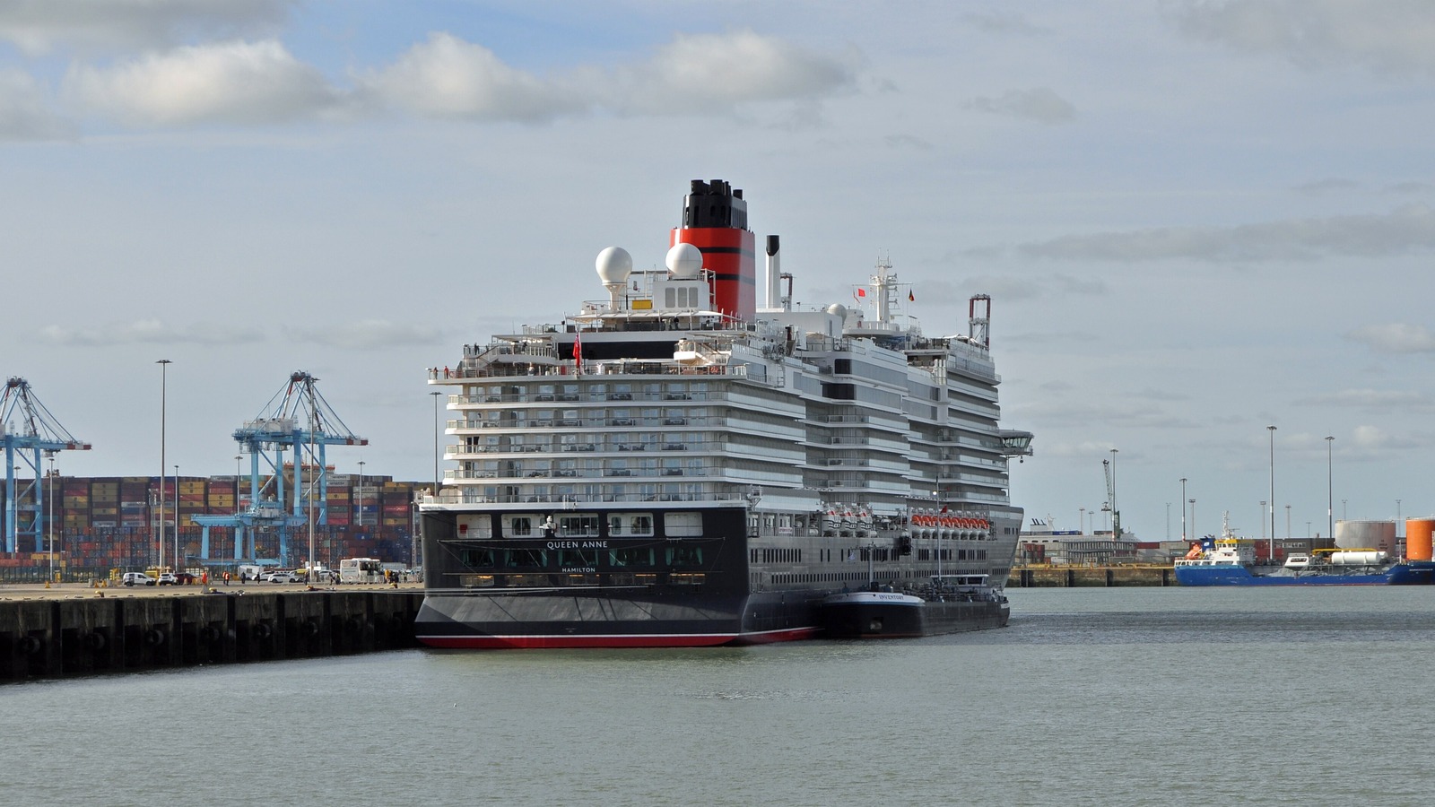 Cunard cruise ship Queen Anne moored at the quay in Zeebrugge, Belgium