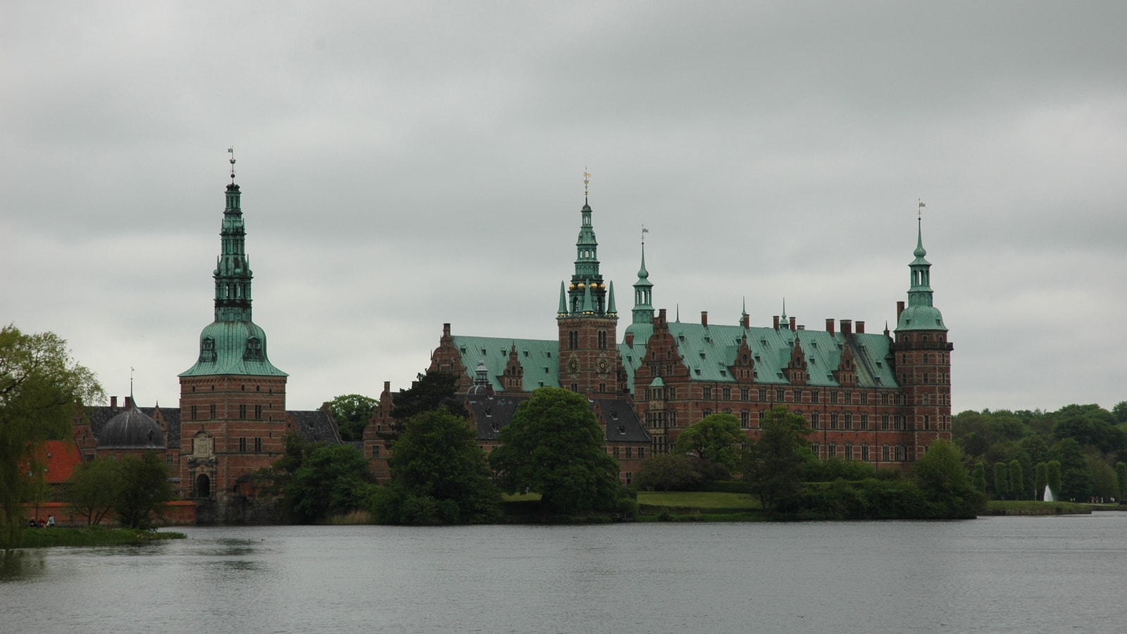 Overview of Frederiksborg Castle on Castle Lake in Hillerød, Denmark