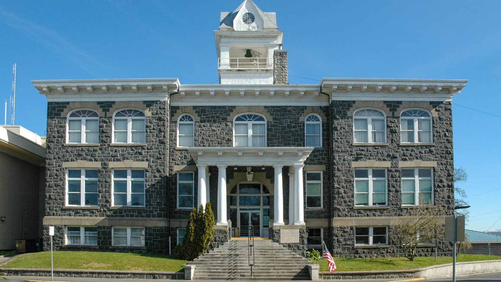 Bright front view of the Columbia County Courthouse in St. Helens
