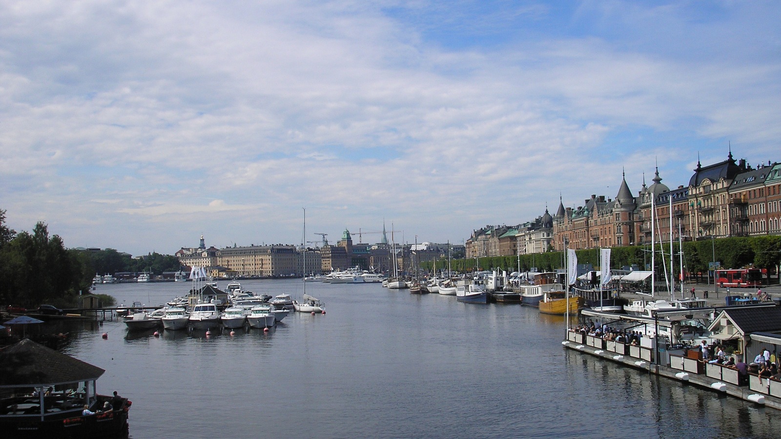 Waterfront buildings and boats around a central Stockholm harbour